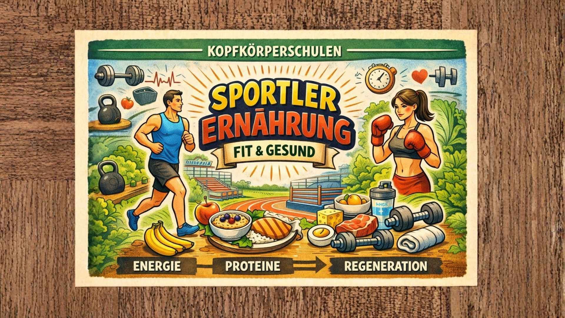 Läufer und Kampfsportlerin mit gesunden Lebensmitteln wie Obst, Reis, Eiweißquellen und Wasser – Fokus auf Energie, Proteine und Regeneration für Sport und Fitness.